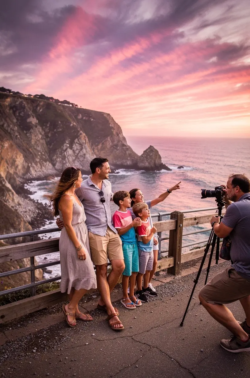 Фотограф делает снимок туристов на фоне знаменитой американской природной достопримечательности с платной обзорной точки.